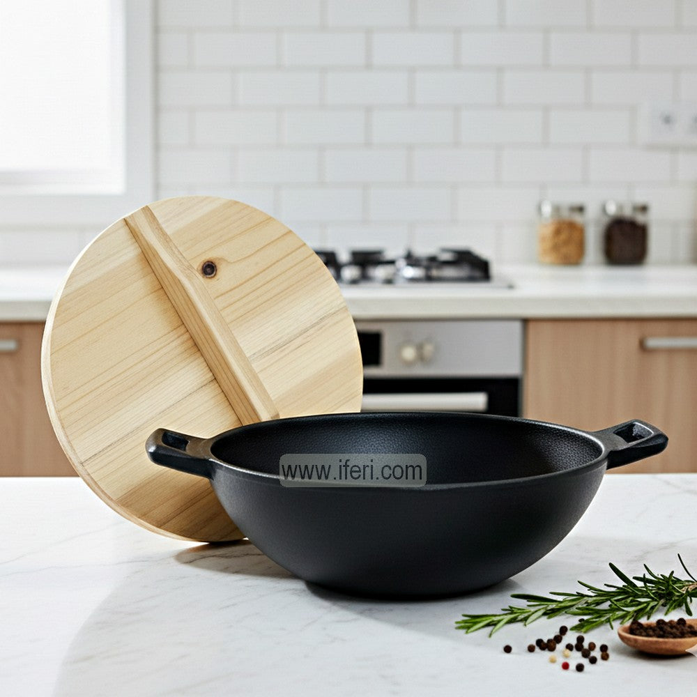 23cm Premium Quality Cast Iron Shallow Cookware / Karai with Wooden Lid ALM6953