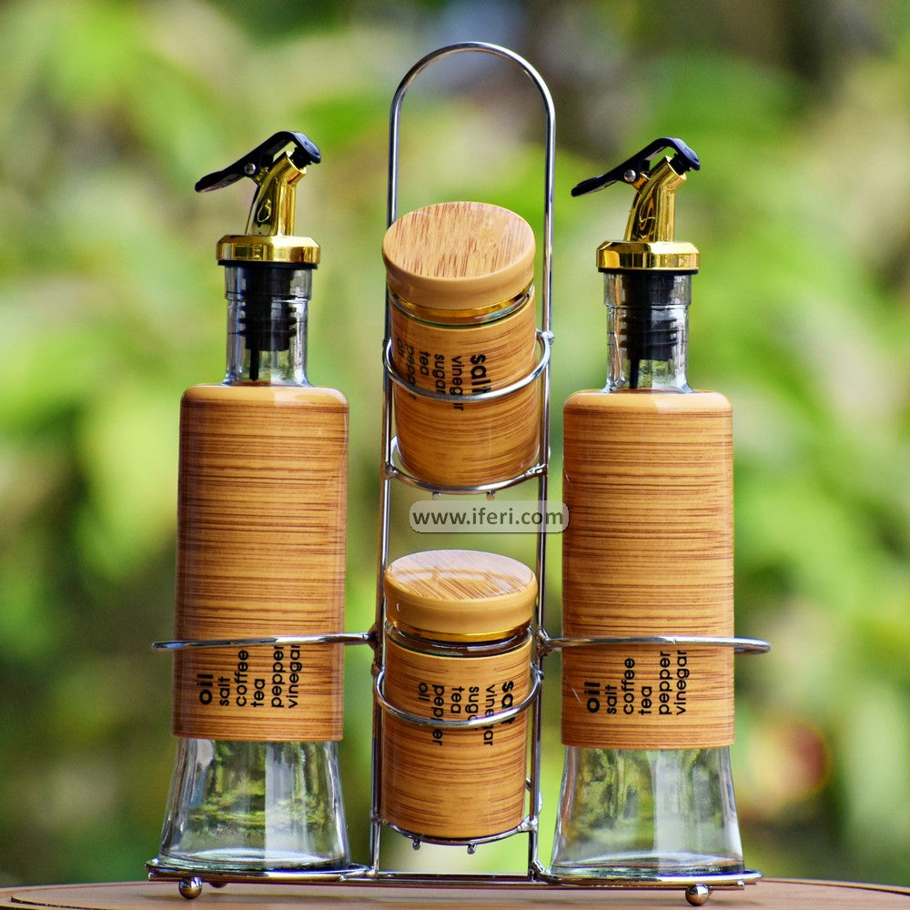 4 pcs Glass Salt Pot & Oil Vinegar Jar Set with Stand RY2984