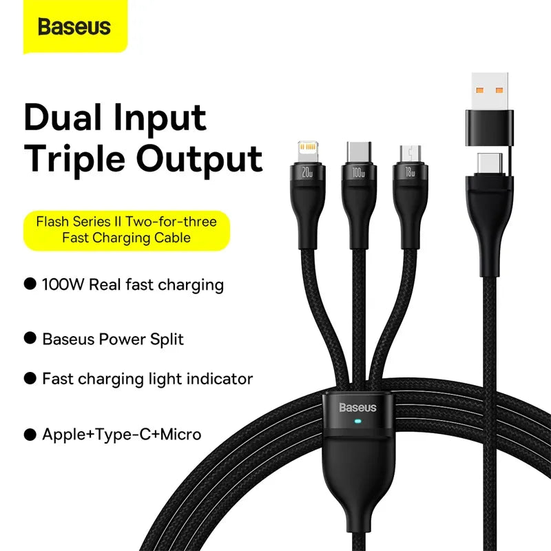 Baseus Cable CASS030101 Flash Series Ⅱ Two-for-three Fast Charging Data Cable USB to M+L+C 100W 1.2m Black BSU1013