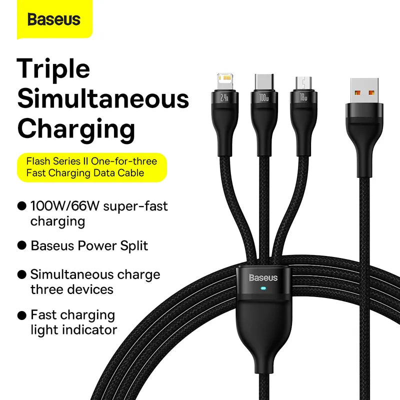 Baseus Cable Flash Series Ⅱ One-for-three Fast Charging Data Cable USB to M+L+C 100W 1.2m Black CASS030001 BSU1014