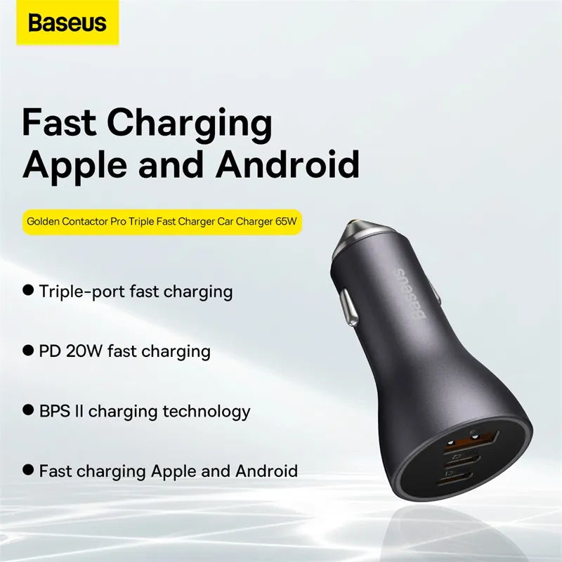 Baseus Car Charger 65W 2x Type-C 1x USB A Golden Contactor Pro Triple Fast Charger Car Charger 65W Dark Gray CGJP010013 BSU1030