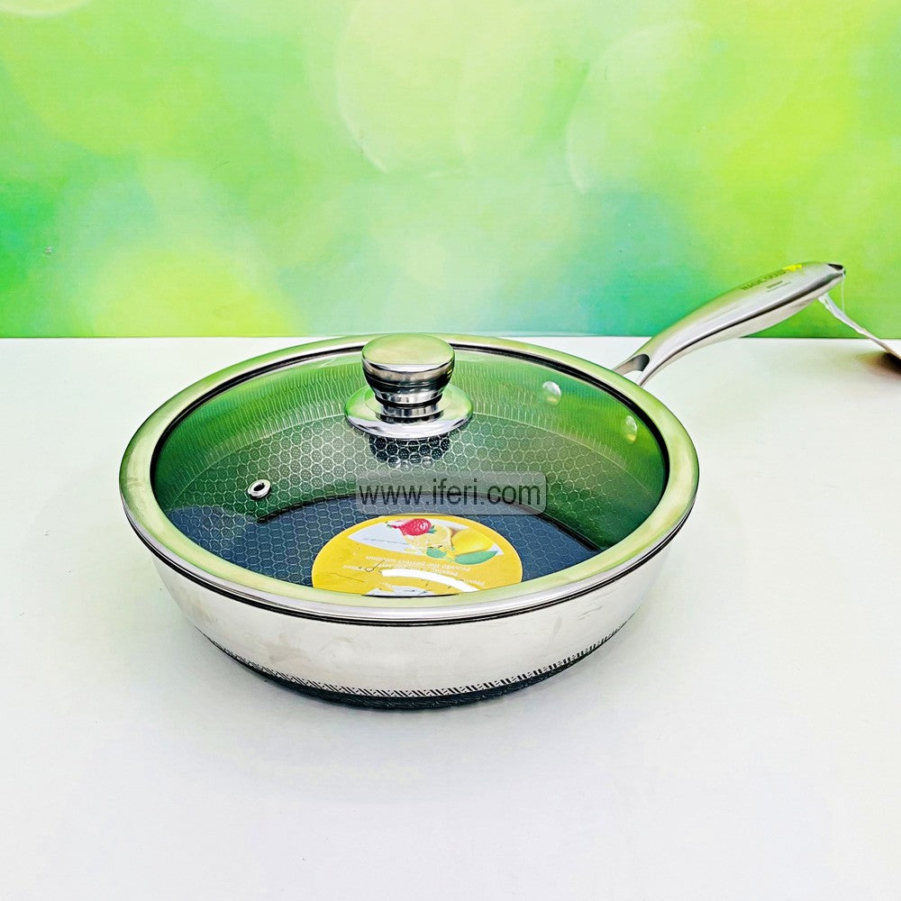 28cm Magic Gold Uncoated Honeycomb Design Stainless Steel Non-Stick Fry Pan with Lid TG1701