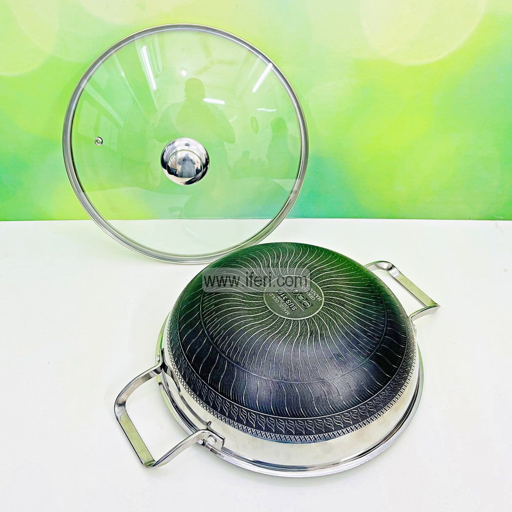 34cm Magic Gold Uncoated Honeycomb Design Stainless Steel Non-Stick Cookware / Karai with Lid TG1704