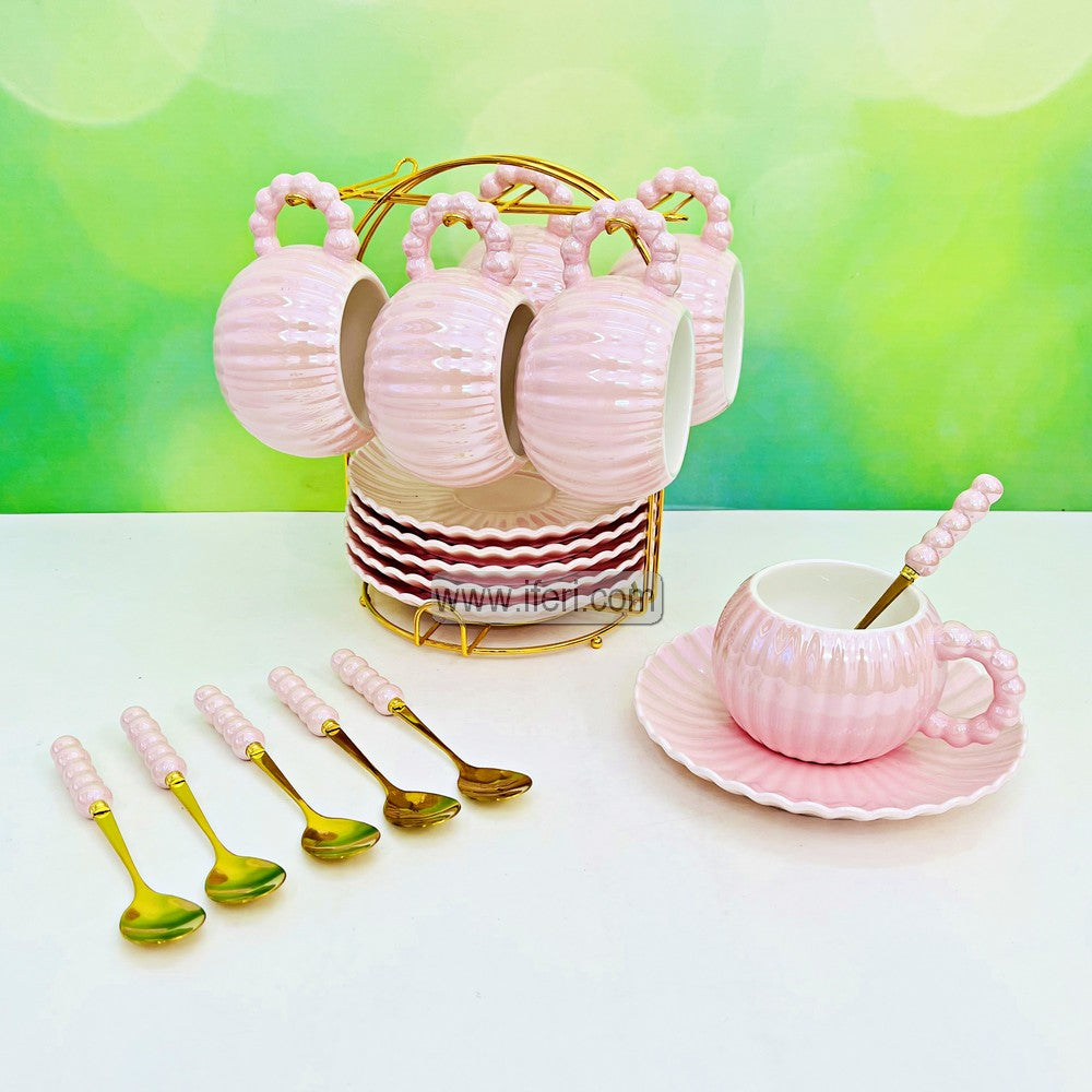 18 Pcs Ceramic Tea Cup, Saucer & Spoon Set with Metal Stand RY3292