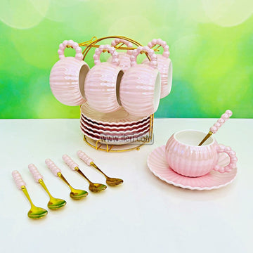 18 Pcs Ceramic Tea Cup, Saucer & Spoon Set with Metal Stand RY3292