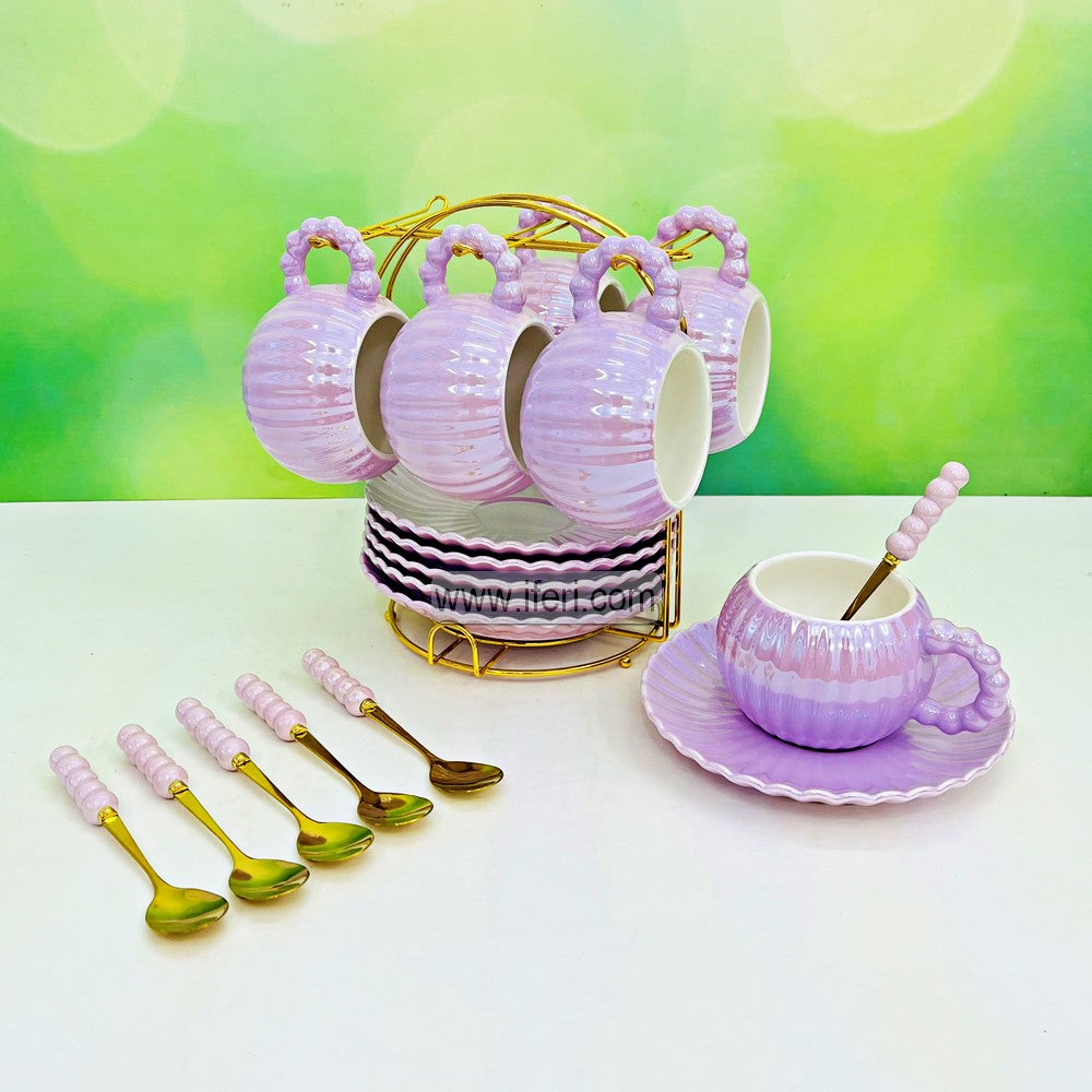 18 Pcs Ceramic Tea Cup, Saucer & Spoon Set with Metal Stand RY3294