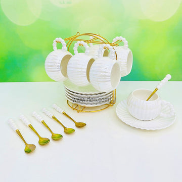 18 Pcs Ceramic Tea Cup, Saucer & Spoon Set with Metal Stand RY3295