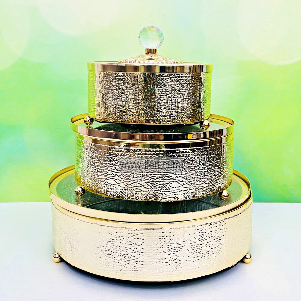 3 Pcs Exclusive Metal & Glass Mirror Dry Fruit, Candy Serving Box RY3315