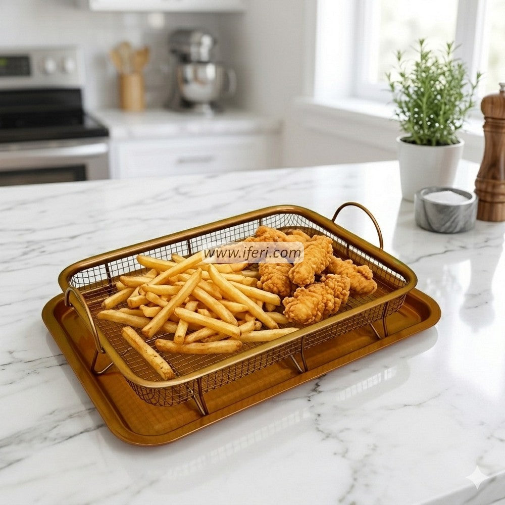 14 Inch Metal  Basket and Tray for Oven, Golden Rectangle Crisper Pan Rack Set, Oil Drainer AnZ02121