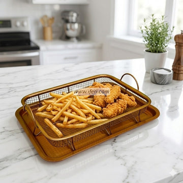 14 Inch Metal  Basket and Tray for Oven, Golden Rectangle Crisper Pan Rack Set, Oil Drainer AnZ02121