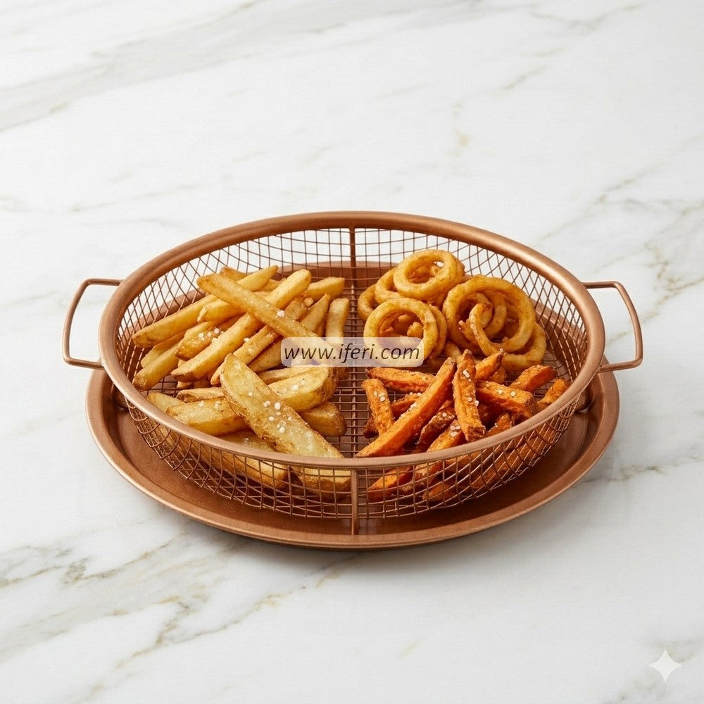 9.2 Inch Metal  Basket and Tray for Oven, Golden Round Crisper Pan Rack Set, Oil Drainer AnZ022