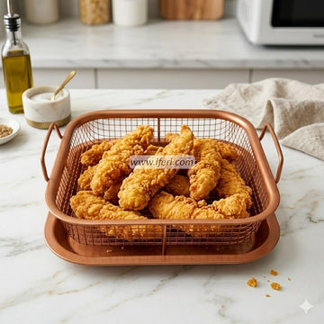 8.3 Inch Metal Air Fryer Basket and Tray for Oven, Golden Square Crisper Pan Rack Set, Oil Drainer AnZ021