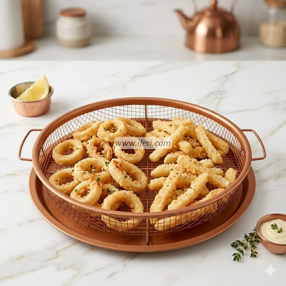 11.5 Inch Metal Air Fryer Basket and Tray for Oven, Golden Round Crisper Pan Rack Set, Oil Drainer AnZ02222