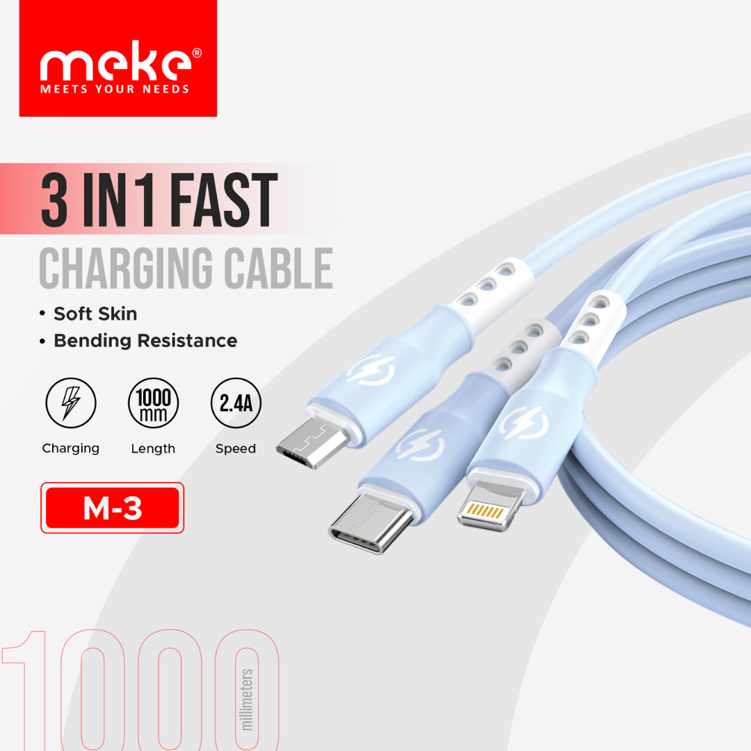 Meke 3 in 1 Super Fast Charging Cable 1M Long 2.4A Safe Charge M3 GT1038