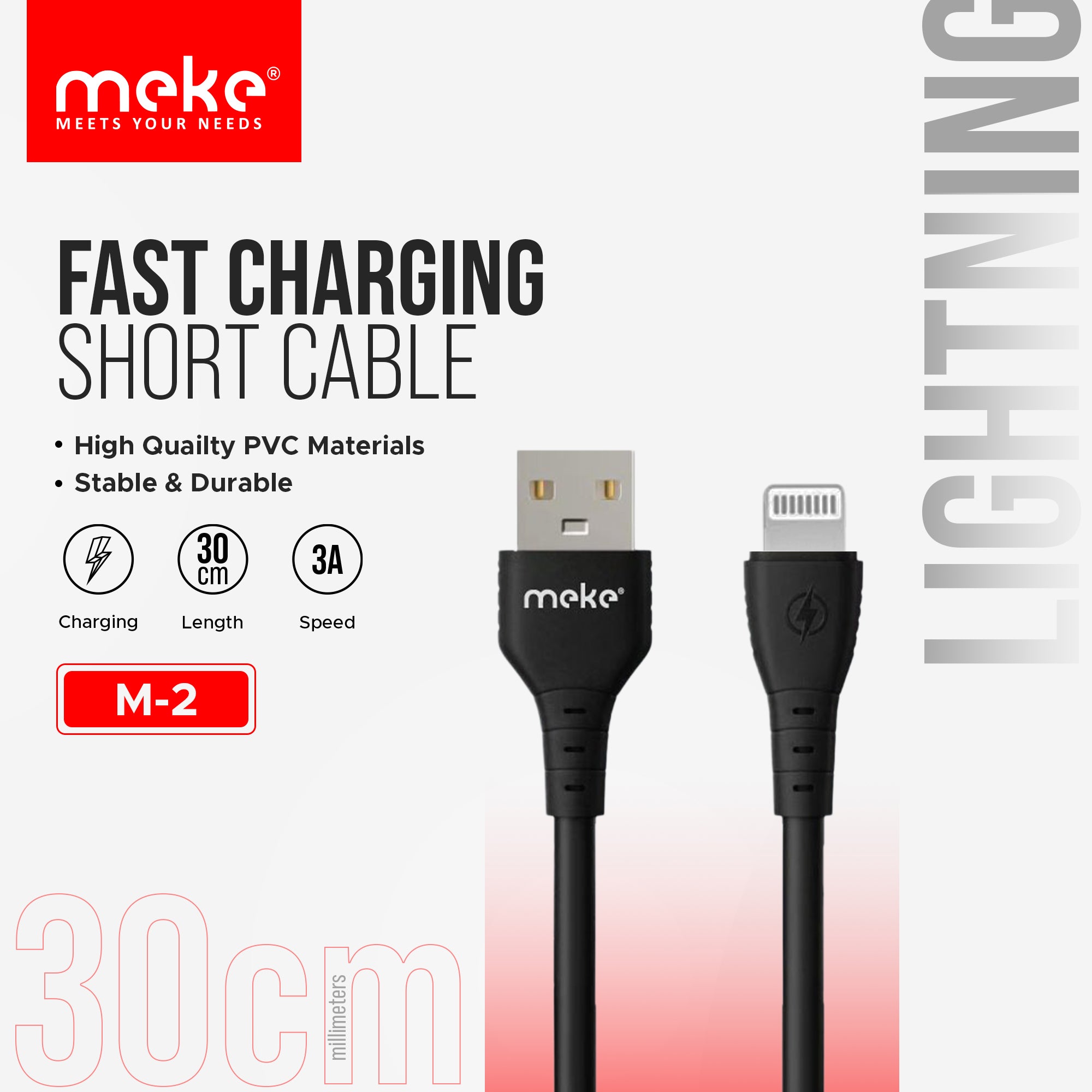 Meke Fast Charging (Lightning) 30CM Short Cable 3A Safe Charge M2 GT1037