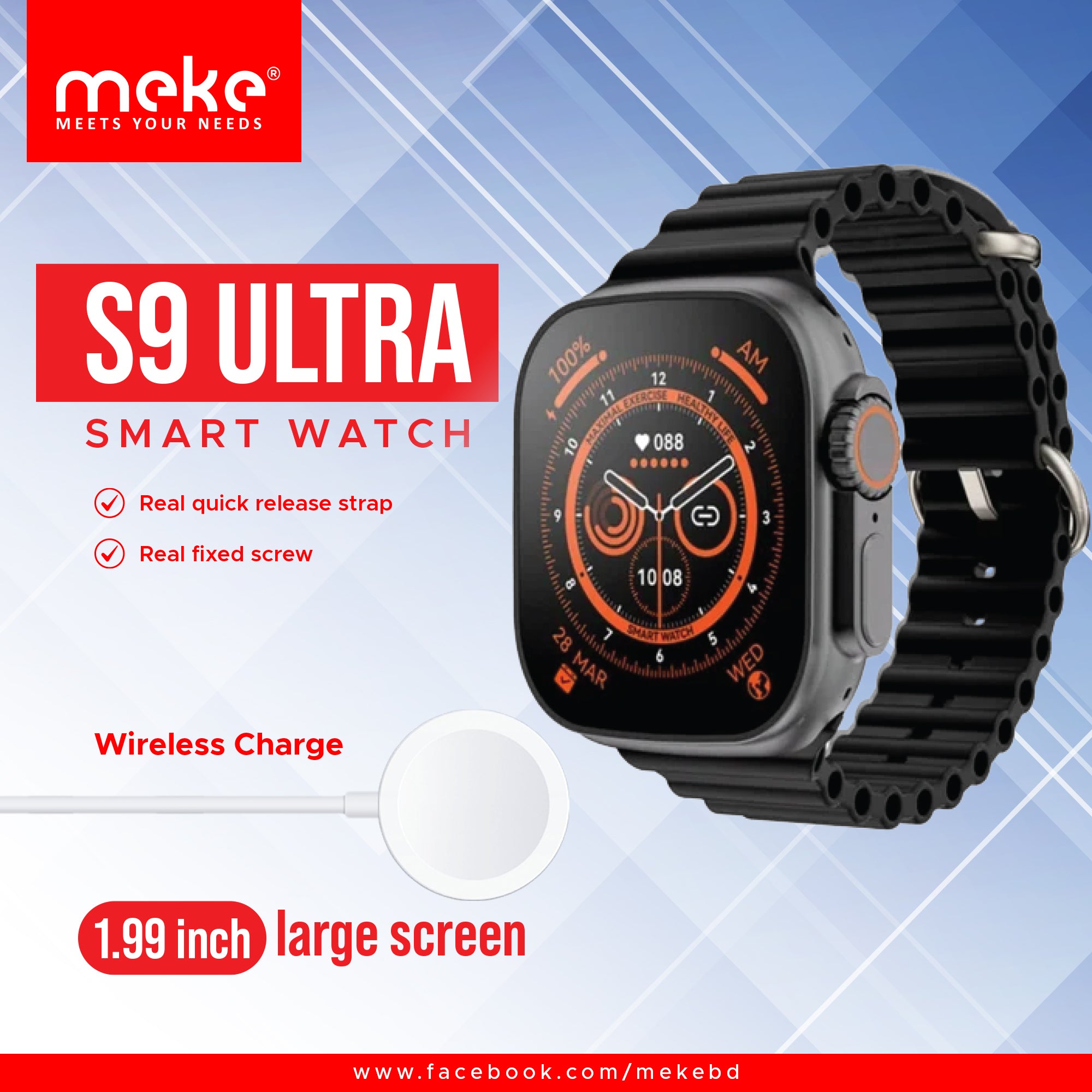 Meke S9Ultra Wireless Charge 1.99 inch Large Screen Smart Watch GT4001
