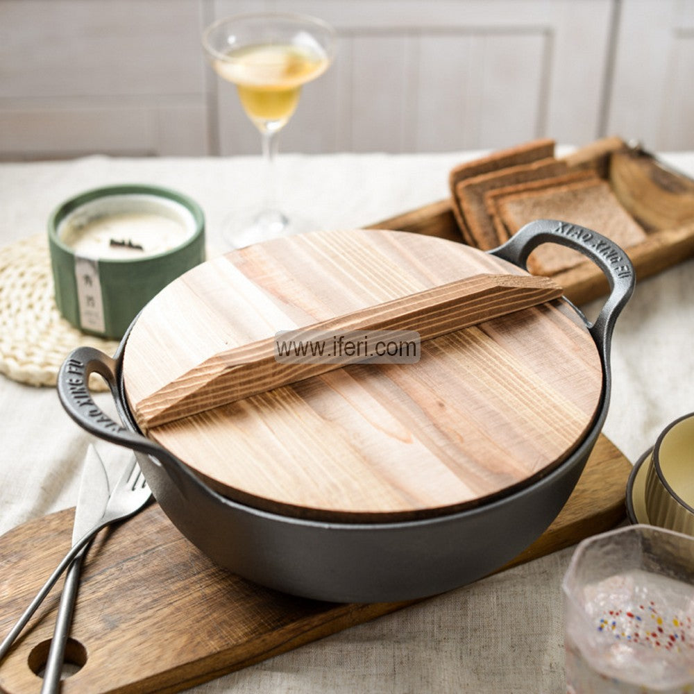 36cm Premium Quality Cast Iron Cookware / Karai with Wooden Lid  ALM6466-7