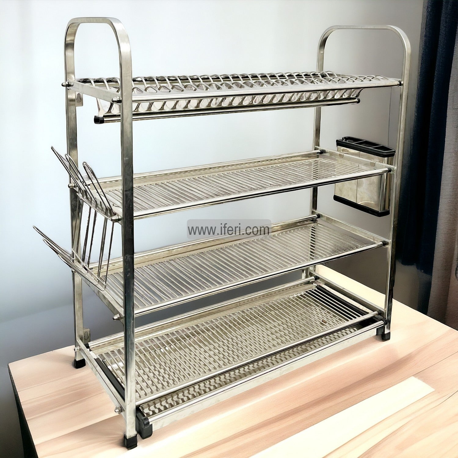 4 Tier Stainless Steel Wall Hanging Dish Drying Storage Rack with Glass & Spoon Holder BCG3446