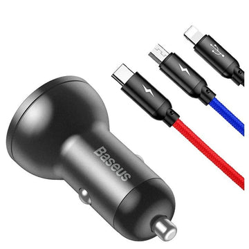 Baseus Car Charger Dual USB 4.8A 24W  With Three in one Cable 1m TZCCBX-0G BSU2015