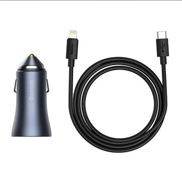 Baseus Car Charger Golden Contactor Pro Dual Quick Charger U+C 40W With Type-C to Lightning For Iphone Data Cable 1m Black Dark Gray TZCCJD-B0G BSU4001
