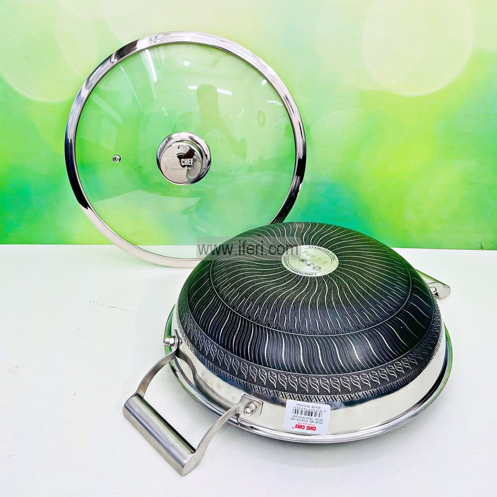 30cm Uncoated Honeycomb Design Stainless Steel Non-Stick Cookware / Deep Karai with Lid DL6896