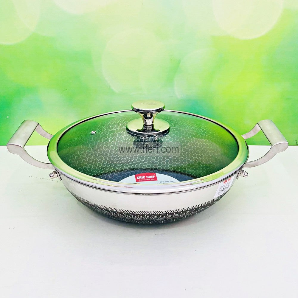 36cm Uncoated Honeycomb Design Stainless Steel Non-Stick Cookware / Deep Karai with Lid DL6896