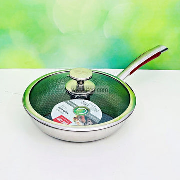 26cm Uncoated Honeycomb Design Stainless Steel Non-Stick Fry Pan with Lid DL6897
