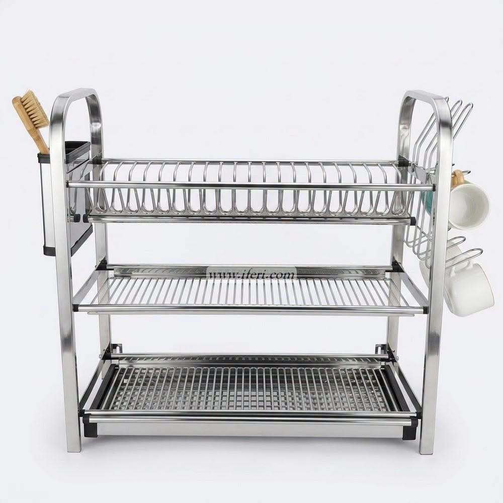 3 Tier Stainless Steel Wall Hanging Dish Drying Storage Rack with Glass & Spoon Holder OMR2233