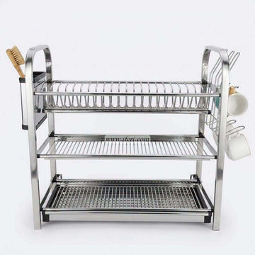3 Tier Stainless Steel Wall Hanging Dish Drying Storage Rack with Glass & Spoon Holder OMR2233