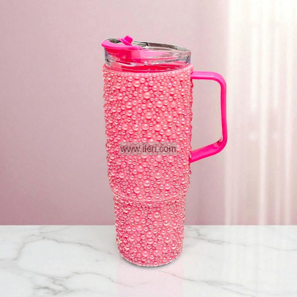 9.5 Inch Stone Decorated Ladies Coffee Cup, Vacuum Cup, Tumbler with Handle GA8335