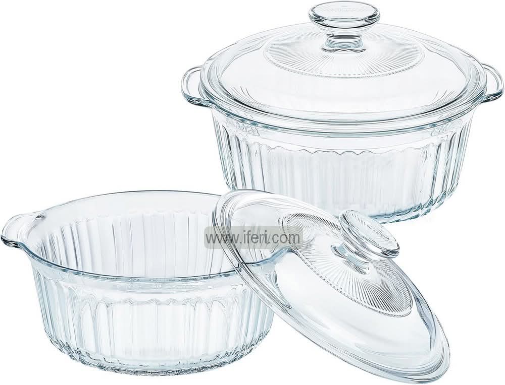 2 Pcs Round Shaped Tempered Glass Casserole Set with Lid RH0438
