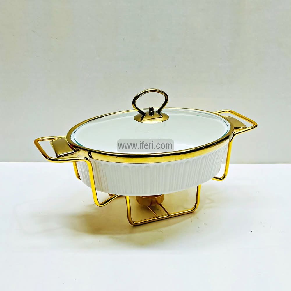 10.5 Inch Oval Shaped Exclusive Ceramic Casserole Dish with Food Warmer Metal Stand HR2029