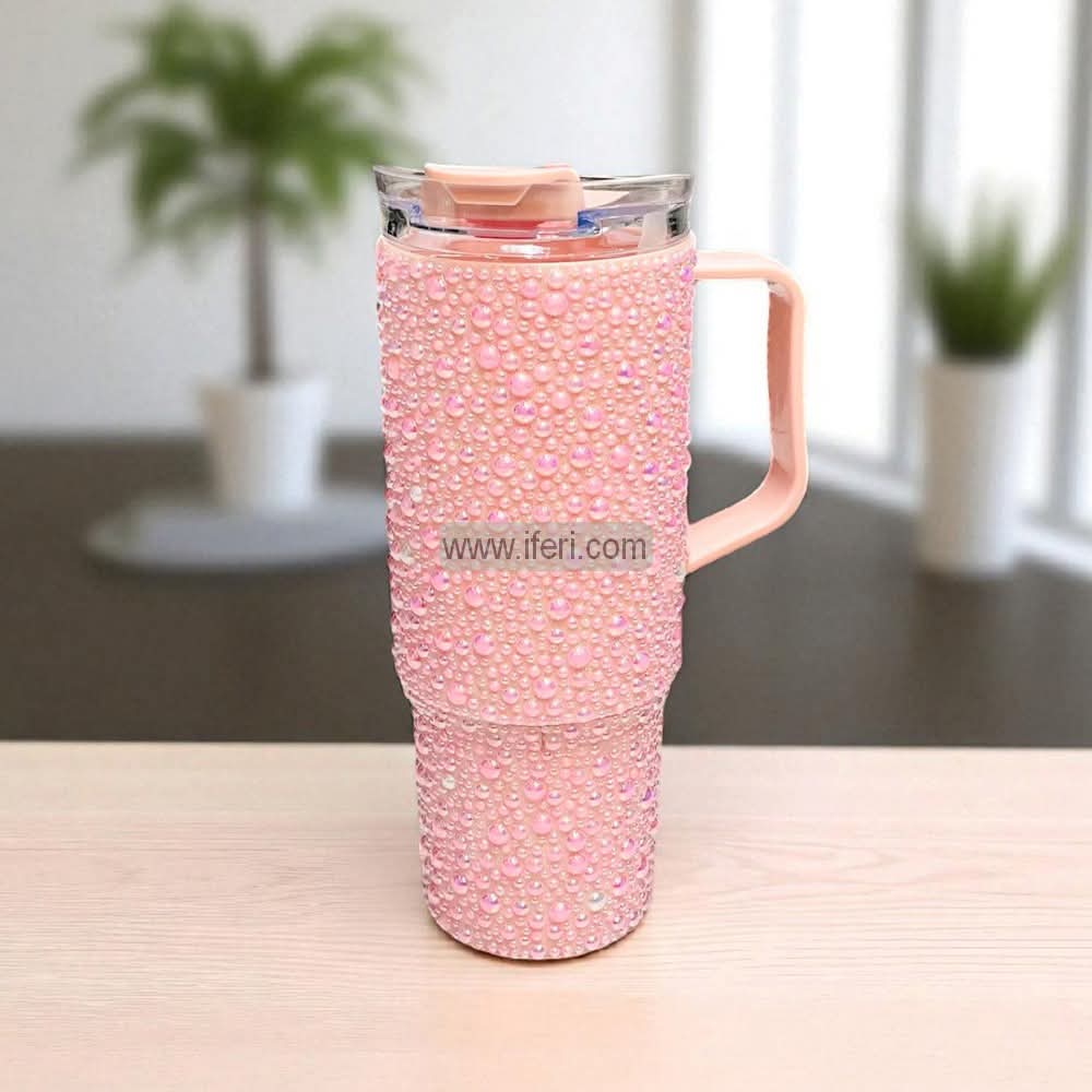 9.5 Inch Stone Decorated Ladies Coffee Cup, Vacuum Cup, Tumbler with Handle GA8334