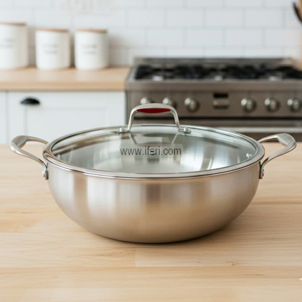 34cm Stainless Steel Deep Cookware / karai with Glass Lid ALM6959