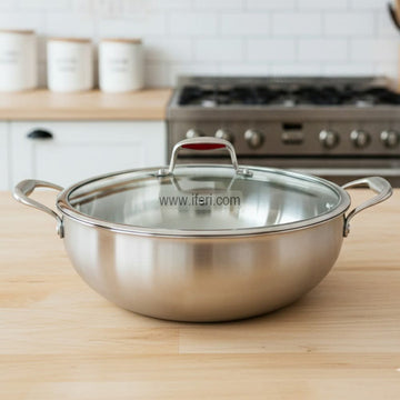 34cm Stainless Steel Deep Cookware / karai with Glass Lid ALM6959