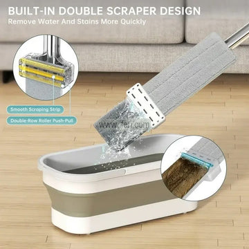 Flat Floor Mop, Self Wringing Flat Mop with Foldable Bucket, Stainless Steel Long Handle Mop AnZ001