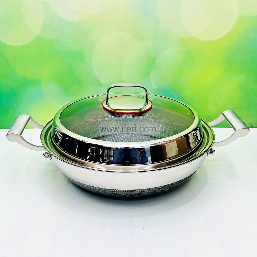 34cm Uncoated Honeycomb Design Stainless Steel Non-Stick Cookware / Karai with Lid RY2738-1