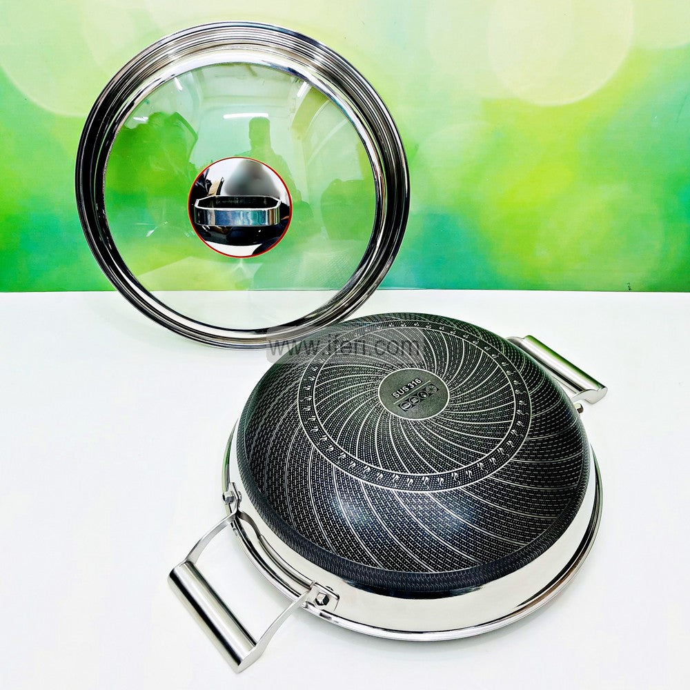 32cm Uncoated Honeycomb Design Stainless Steel Non-Stick Cookware / Karai with Lid RY2738-1