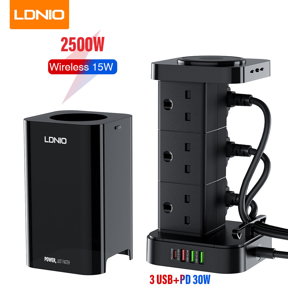 LDNIO SKW6457 6 Outlet USB Tower Extension Power Socket with 15W Wireless Charger LDN1016