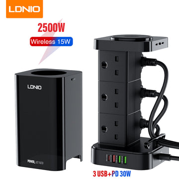 LDNIO SKW6457 6 Outlet USB Tower Extension Power Socket with 15W Wireless Charger LDN1016