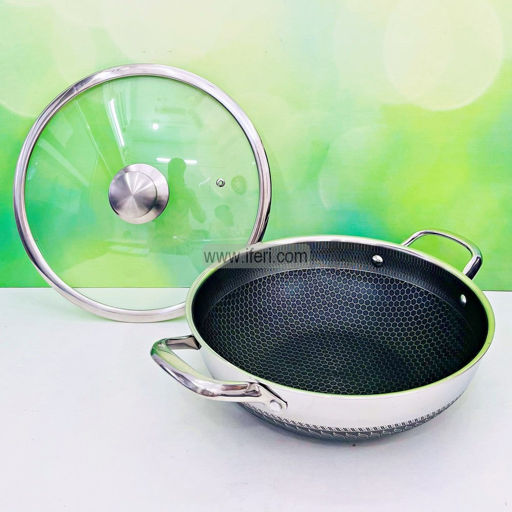 34cm Uncoated Honeycomb Design Stainless Steel Non-Stick Cookware / Karai with Lid SOF007