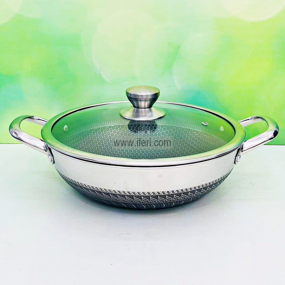 30cm Uncoated Honeycomb Design Stainless Steel Non-Stick Cookware / Karai with Lid SOF007