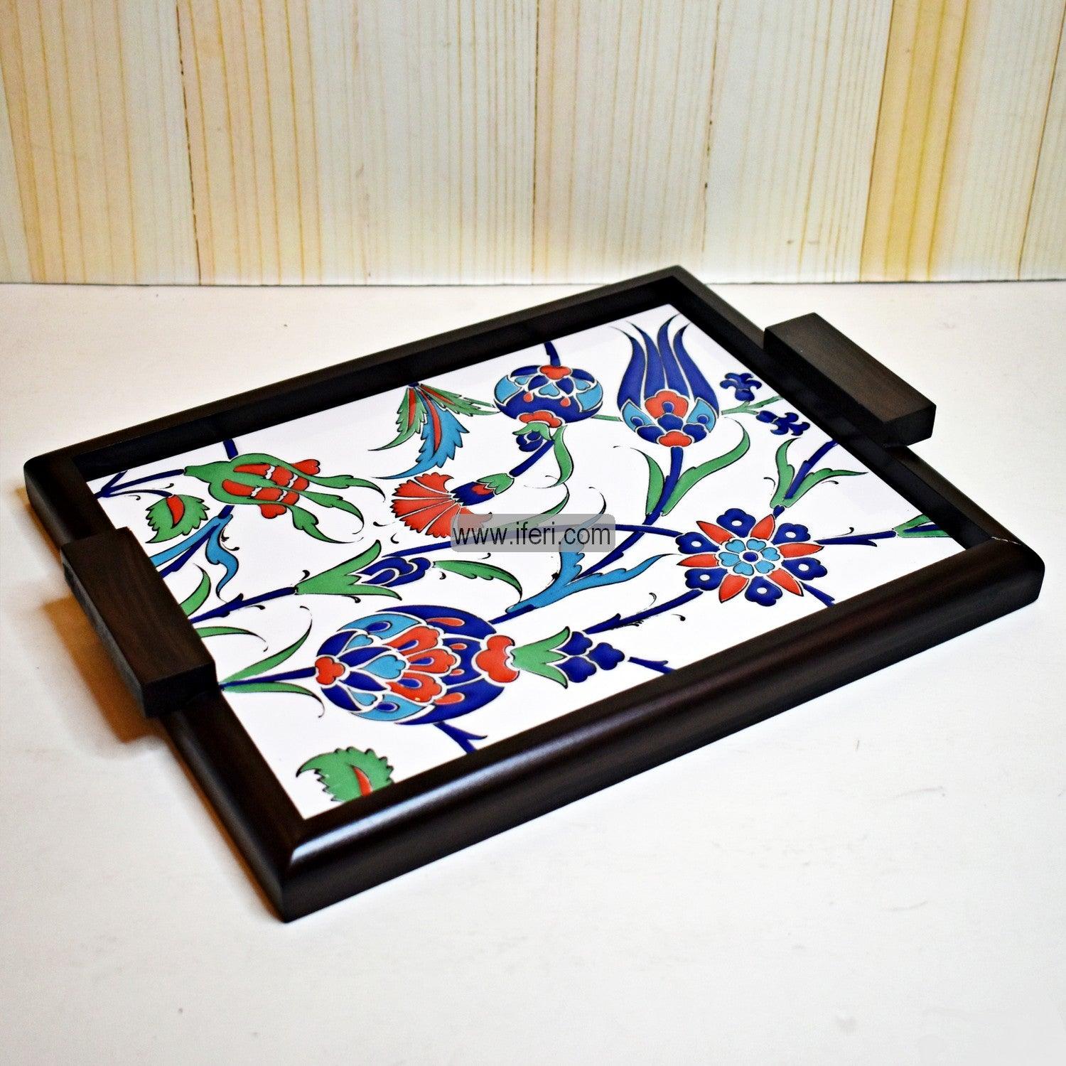 15.5 Inch Wooden and Ceramic Turkish Serving Tray, Tile Tray 
