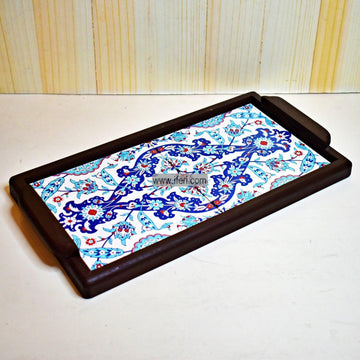 17.5 Inch Wooden and Ceramic Turkish Serving Tray, Tile Tray 