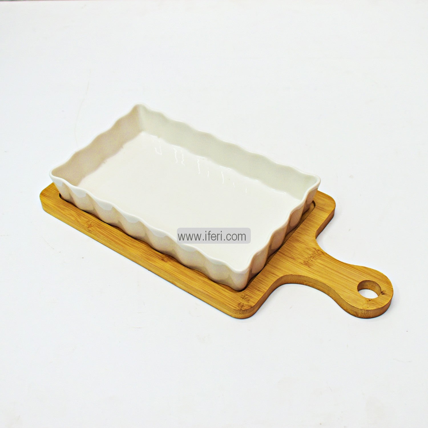 13 Inch Ceramic Food Serving Dish with Bamboo Tray RY0755